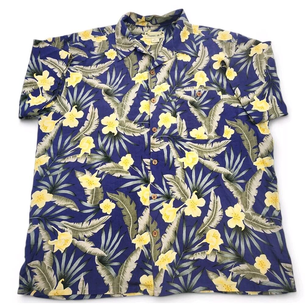 Paradise Coves Hawaiian Shirt 100% Silk Tropical Floral Button Down Mens XL